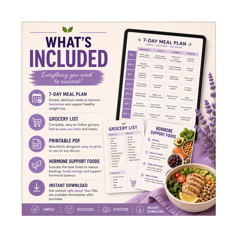 May include: A digital 7-day meal plan, grocery list, and hormone support food guide displayed on a tablet and printed cards. The text includes 'WHAT'S INCLUDED', '7-DAY MEAL PLAN', 'GROCERY LIST', and 'HORMONE SUPPORT FOODS' alongside a bowl of salad.