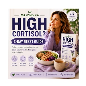 May include: A book cover with the title "HIGH CORTISOL? 3-DAY RESET GUIDE" is held by a woman. The cover features text and icons related to stress relief, better sleep, and simple meals. A bowl of food and a cup of tea are also visible.