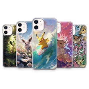 May include: Five phone cases with vibrant designs. One case depicts Pikachu surfing a wave, another has a floral background with a creature, and others showcase various illustrations. The cases are clear with a glossy finish.