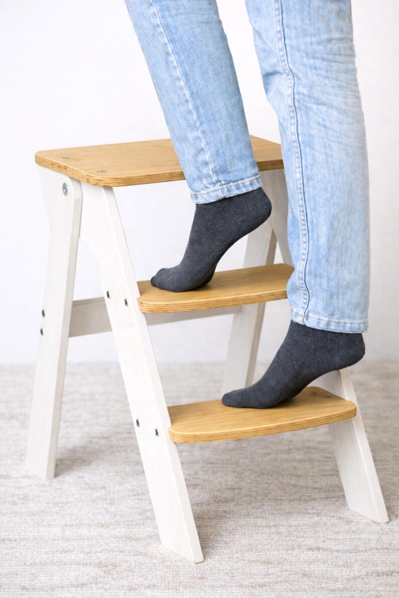 Sock Stool Folding Wooden Step Stool – Natural Wood Kitchen Ladder, Space-saving ...