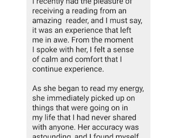 May include: Text on a white background reads, "Dear Pritha (my spiritual friend)." The text continues, describing a positive experience with a reader, highlighting feelings of calm, comfort, and accuracy in the reading.