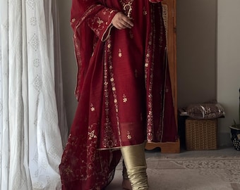Gulnar Hand Embroidered Red Pakistani 3 Piece Suit Gotta Sitara Lawn Karandi Eid Wedding Guest Mehndi Outfit Made to Order Ships USA
