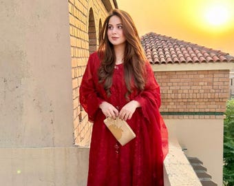 Hand Embroidered Chicken Kari Pakistani Suit, Pure Organza Made to Order, Any Color Custom Stitched, Eid Wedding Guest Outfit Ships USA