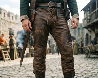 Handgemaakte heren bruin lederen middeleeuwse set Ranger vest veterbroek Viking LARP kostuum Fantasy Armor outfit aangepast formaat
