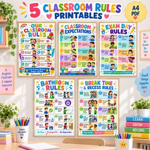 Regole della classe, pacchetto stampabile a colori / Download digitale in PDF / Formato A4 verticale, 5 poster