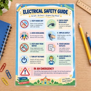 Puede incluir: Un póster plastificado de guía de seguridad eléctrica que presenta ocho consejos numerados con iconos y texto coloridos. La guía incluye instrucciones sobre mantener las manos secas, revisar los cables, evitar sobrecargas y procedimientos de emergencia.
