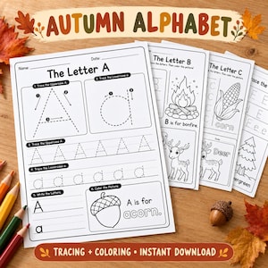 Può includere: Un set di schede didattiche intitolate Autumn Alphabet con esercizi di tracciamento per le lettere A, B e C. Ogni pagina include illustrazioni in bianco e nero di una ghianda, un falò, mais, un cervo e un albero sempreverde.