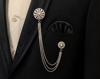 Designer Men's Suit Brooch Crystal Studded Round Pin with Hanging Chains