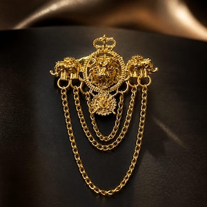 Royal Lion and Elephant Chain Brooch for Men - Gold Multi-Layered Lapel Pin with Crown