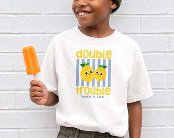 Geschwister Shirt "double trouble" Zwillinge | Outfit Baby T-Shirt Body Geschenk zur Geburt Twins Streifen Zitrone Geburtsgeschenk