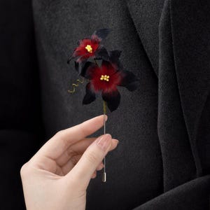 Black Mandala Silk Flower Brooch, Chinese Intangible Heritage Ronghua Pin, Gothic Long Stick Pin, Artisan Gift for Women