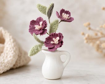 Handmade Plum Purple Flower Fridge Magnet, Mini Ceramic Vase Magnet, Cottagecore Botanical Kitchen Decor, Floral Refrigerator Art