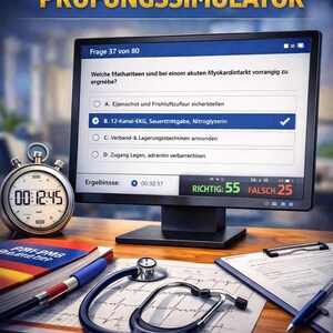 May include: A computer screen displays a medical exam question with multiple-choice answers. A stopwatch shows 12:45. A stethoscope, pen, and notepad are on the desk. The text reads: NOTFALLSANITÄTER PRÜFUNGSSIMULATOR.