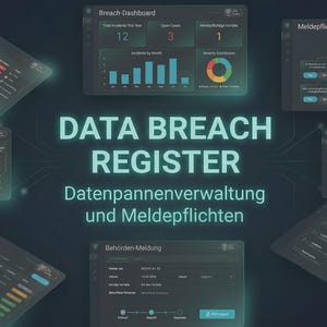 Könnte beinhalten: Digitales Grafikdesign mit dem Text "DATA BREACH REGISTER" und deutschem Text darunter. Das Bild zeigt mehrere Daten-Dashboards mit Diagrammen und Grafiken, darunter ein Dashboard für Datenpannen.