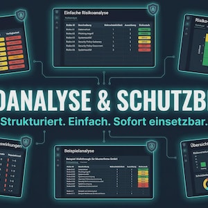 May include: A digital graphic with the text "RISIKOANALYSE & SCHUTZBEDARF" and the words "Strukturiert. Einfach. Sofort einsetzbar." Several screens display data analysis charts and tables, with a dark blue background and green, yellow, and red color-coded information.
