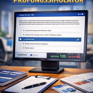 May include: A computer monitor displaying a multiple-choice question from a PMI-PMP exam simulator. The screen shows the question number, time elapsed, and the number of correct and incorrect answers. Other items include a pen, exam prep book, and documents.