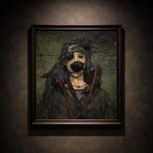 May include: Framed portrait of a character with dark hair, a headband, and a black mask. The artwork features dark crows with red eyes perched on the character's shoulders and head. The painting has a dark, moody color palette.