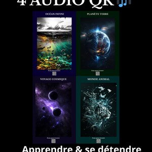 Lot de 4 Affiches Éducatives avec QR Code | Océan, Espace, Animaux, Terre | Audio Relaxant Piano, Poster Enfant Apprentissage Calme.