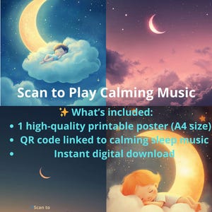 Peut inclure: Affiche numérique à télécharger avec une scène de ciel nocturne. Un enfant dort sur un nuage près d'un croissant de lune. Comprend un code QR pour une musique de sommeil apaisante et une affiche imprimable de haute qualité (format A4).
