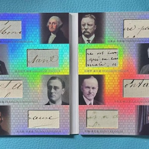 May include: A collectible display card featuring portraits and handwritten signature snippets of eight US presidents, including George Washington, Abraham Lincoln, and John F. Kennedy, set against a holographic background with geometric patterns.
