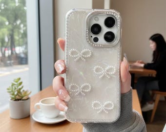 Cover 3D con fiocco di perle, glitter e strass per iPhone – Bling Cover
