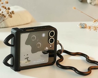 Custodia a libro con orecchie di gatto 3D, nera, con protezione per la cerniera e catenella anti-smarrimento (Samsung Galaxy Z)