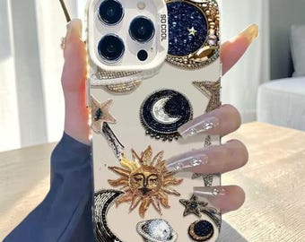 Cover per telefono astratta con sole e luna, cover in plastica con motivi cosmici celestiali (iPhone)