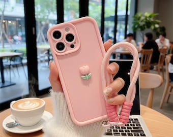 Custodia per iPhone con motivo a tulipano 3D, cover floreale in morbido silicone con cordino.