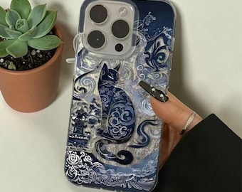 Custodia per telefono con design a gatto totem blu per iPhone 16 15 17 Air Pro Max 14 13 12 11 7 8 Plus 16e Cover posteriore con trama in chiffon di piume