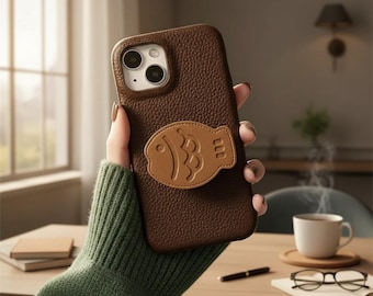Custodia per iPhone con impugnatura a forma di pesce Taiyaki 3D, cover in pelle con supporto antiscivolo