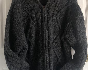 Vtg Gray Wool Cardigan Chunky Cable Knit Fisherman style full zip 2XL unisex