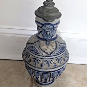 Vtg German Westerwald Saltglaserat stengods Tankard Kanna Tennlock Bartmann 126