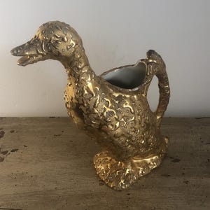 Jarra vintage MCM con forma de pato llorón, de oro de 22 quilates, de Kingwood Ceramics, estilo Hollywood Regency.