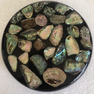 Salvamanteles vintage de lucita y concha de abulón de 5 1/2" Shell Factory Ft Myers