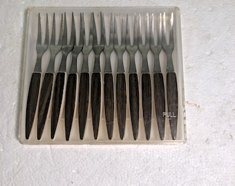 Set di 12 forchette da cocktail vintage MCM in acciaio inossidabile ad alta resistenza con finitura effetto legno, stile retrò.