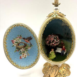 Vintage Faberge Egg Trinket Box Hinged Victorian Garden Diorama Signed Decor Gift