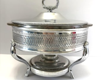 Vintage Silver Plate Pyrex Round Three Foot Chafing Dish Warmer Lid Glass Insert