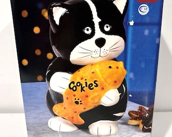 Tarro de galletas de cerámica con diseño de gato blanco y negro de la colección Vintage Holiday Time (caja abierta, nuevo)