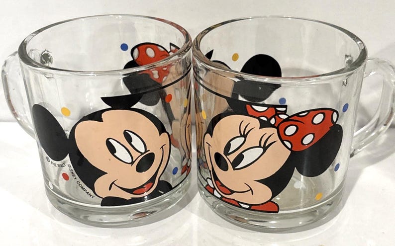 Vintage Anchor Hocking Disney Mickey Minnie Mouse Glass Coffee Mugs NEW image 1