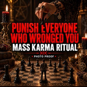 May include: A chessboard with black pieces and a central figurine, featuring the text PUNISH EVERYONE WHO WRONGED YOU MASS KARMA RITUAL PHOTO PROOF. A hand with rings holds a black chess piece above the board, surrounded by lit candles and books.