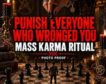 Pode incluir: Um tabuleiro de xadrez com peças pretas e uma figura central, com o texto PUNISH EVERYONE WHO WRONGED YOU MASS KARMA RITUAL PHOTO PROOF. Uma mão com anéis segura uma peça de xadrez preta sobre o tabuleiro, rodeada por velas e livros.