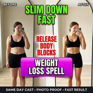 Puede incluir: Imagen comparativa de una persona antes y después. La foto "Antes" muestra a una persona con ropa deportiva negra. La foto "Después" muestra a la misma persona con una vestimenta similar. Superposiciones de texto que dicen "SLIM DOWN FAST", "RELEASE BODY BLOCKS" y "WEIGHT LOSS SPELL".