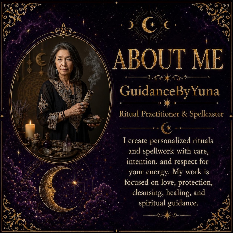 Pode incluir: Um gr&aacute;fico roxo escuro com bordas celestiais douradas apresentando o retrato de uma pessoa em uma t&uacute;nica preta bordada segurando um ma&ccedil;o de s&aacute;lvia fumegante. O texto diz: ABOUT ME, GuidanceByYuna, Ritual Practitioner & Spellcaster, e um par&aacute;grafo sobre rituais personalizados, feiti&ccedil;os, amor, prote&ccedil;&atilde;o, limpeza, cura e orienta&ccedil;&atilde;o espiritual.