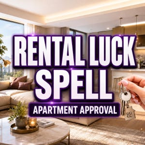May include: A metal keychain with a house-shaped charm held in a hand, overlaid with bold purple-outlined white text that reads RENTAL LUCK SPELL APARTMENT APPROVAL. The background shows a modern living room with a beige sofa and a marble coffee table.