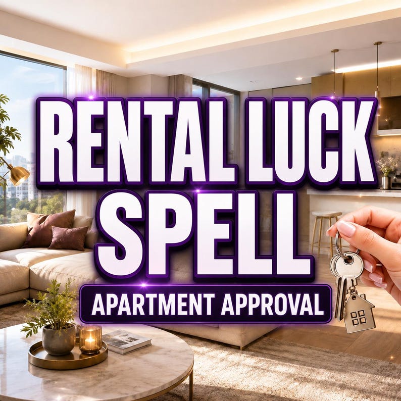 Rental Luck Spell digital printable featuring apartment keys and a warm modern home interior, created for new apartment intentions, rental applications, housing luck and finding a home.