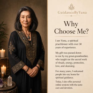 Pode incluir: Uma pessoa com cabelo escuro pelos ombros veste uma t&uacute;nica preta com bordados dourados. O texto diz: GuidanceByYuna, Why Choose Me? I am Yuna, a spiritual practitioner with over 30 years of experience. My gift was passed down to me.