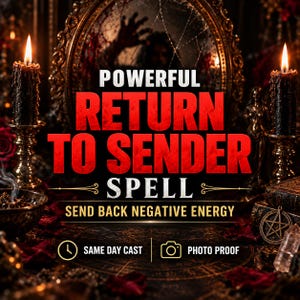 May include: A digital graphic featuring the text POWERFUL RETURN TO SENDER SPELL SEND BACK NEGATIVE ENERGY. The image includes two black candles in gold holders, a mirror, a pentagram symbol, and text icons for SAME DAY CAST and PHOTO PROOF.