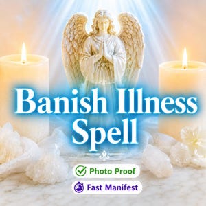 May include: A white angel figurine with wings stands between two lit cream-colored pillar candles. The text Banish Illness Spell is centered in blue. Below are two buttons with the text Photo Proof and Fast Manifest with icons.