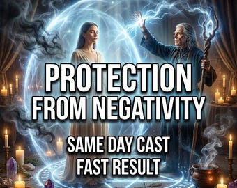Könnte beinhalten: Ein Bild mit dem Text „SCHUTZ VOR NEGATIVITÄT“ und „GLEICHEN TAG CAST SCHNELLES ERGEBNIS“. Das Bild zeigt zwei Figuren in einem leuchtenden blauen Energiefeld, umgeben von Kerzen und Kristallen, was auf ein spirituelles oder mystisches Thema hindeutet.