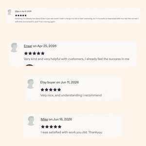 May include: A digital display of four customer reviews featuring five-star ratings. The text includes user names Olha, Ensar, Etsy buyer, and Mike, with dates from April to June 2026. The reviews contain written feedback regarding weight loss, customer service, and general satisfaction with the work provided.